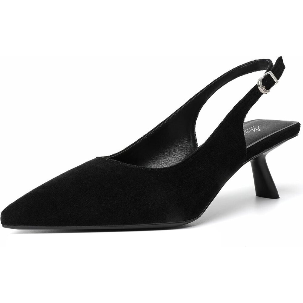 Women's Black Suede Pointed Toe Pumps Patent Leather Low Heel with Buckle